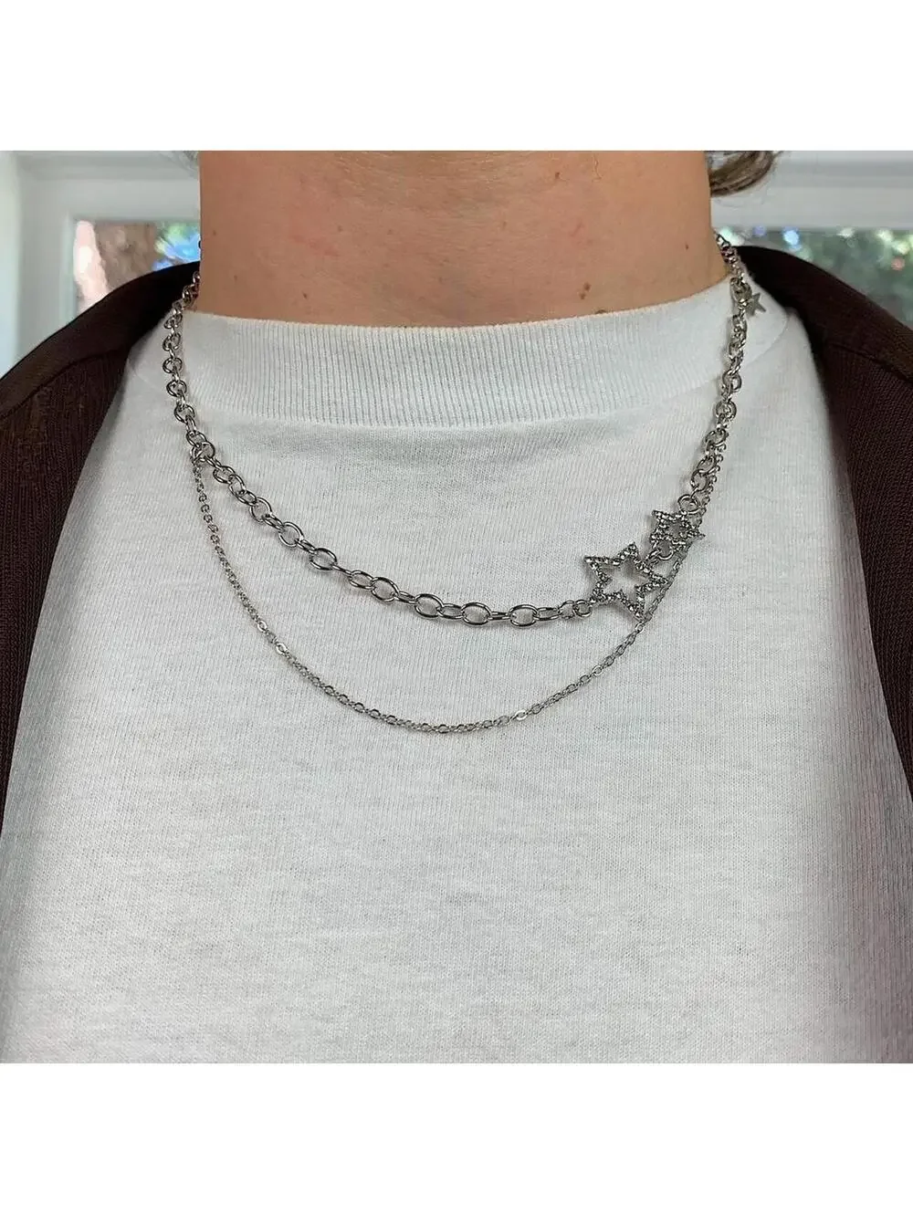 Y2k 2000s cyber rhinestone double star pendant layered chain necklace. Cool